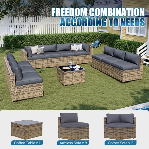 Sunmthink Patio Furniture Sets, 11-Piece Outdoor Patio Furniture with Thick Cushions, Wicker Outdoor Conversation Set and Waterproof Cover for Backyard, Poolside, Garden