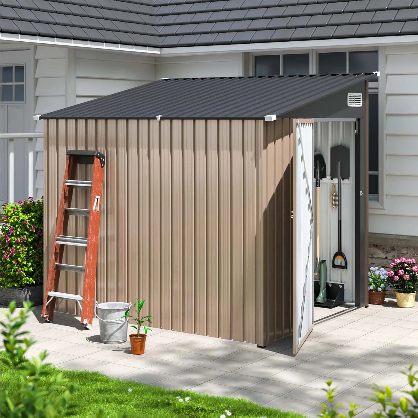 Clouddwell 7 x 5.5 Ft. Outdoor Metal Storage Shed, Lockable Lean-To Galvanized Steel Utility Shed with Slanted Roof, Brown