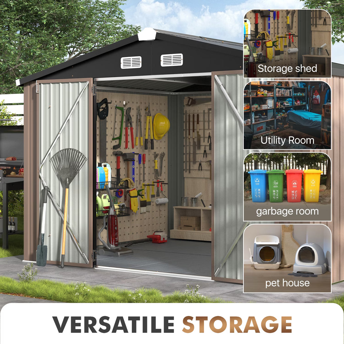 Dateyes 6X8FT Outdoor Storage Shed with Plastic Floor, Metal Tool Shed with Lockable Door and Vents, Patio Shed for Garden, Backyard, Poolside, Brown
