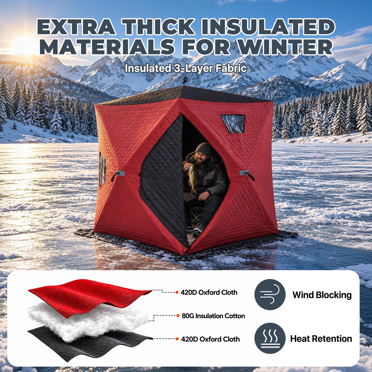 Dateyes Pop Up Ice Fishing Shelter, Insulated Ice Fishing Tent for 2-3 People, 420D Insulated Fabric, 70"x70"x78" 35 sq.ft Fishing Area, Red