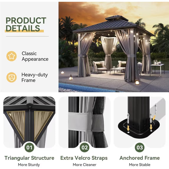 Aoxun 10'x10' Hardtop Gazebo, Aluminum Frame Canopy with Double Galvanized Steel Roof, Outdoor Metal Pavilion with Netting, Curtains for Backyard, Patio and Deck