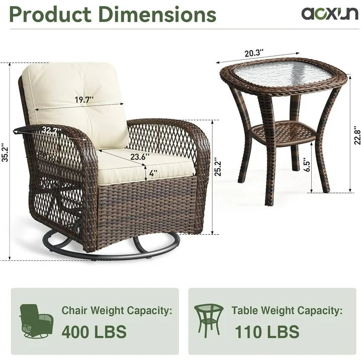 Aoxun 3 Pieces Patio Furniture Set, Patio Swivel Rocker Chairs Set of 2, Wicker Outdoor Bistro Set with Rocking Chair, Thickened Cushions and Table for Porch (Beige)