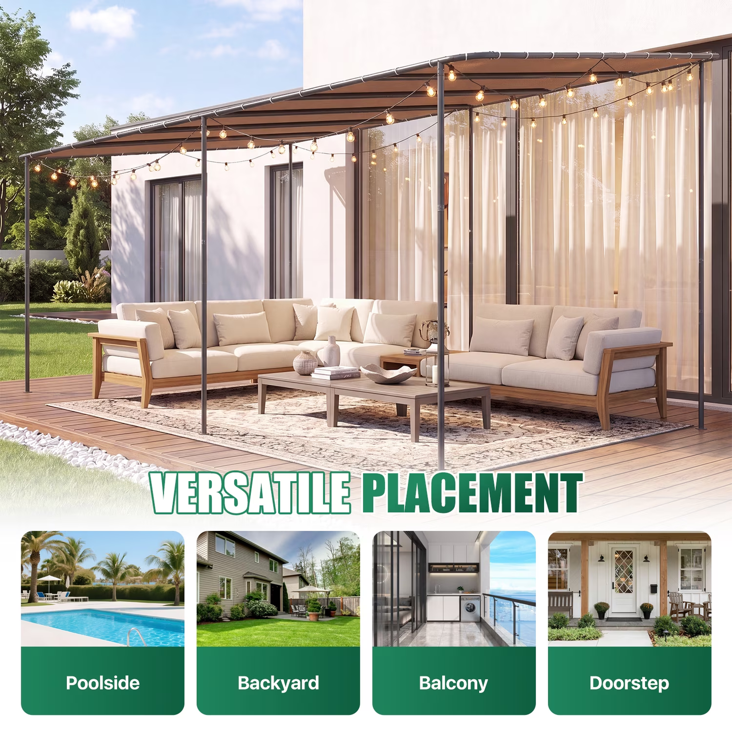 Clouddwell 12×20 FT Wall-Mounted Sloped Roof Outdoor Pergola Canopy, Water-Resistant & UV-Resistant Metal Patio Gazebo for Backyard Garden Porch in Khaki