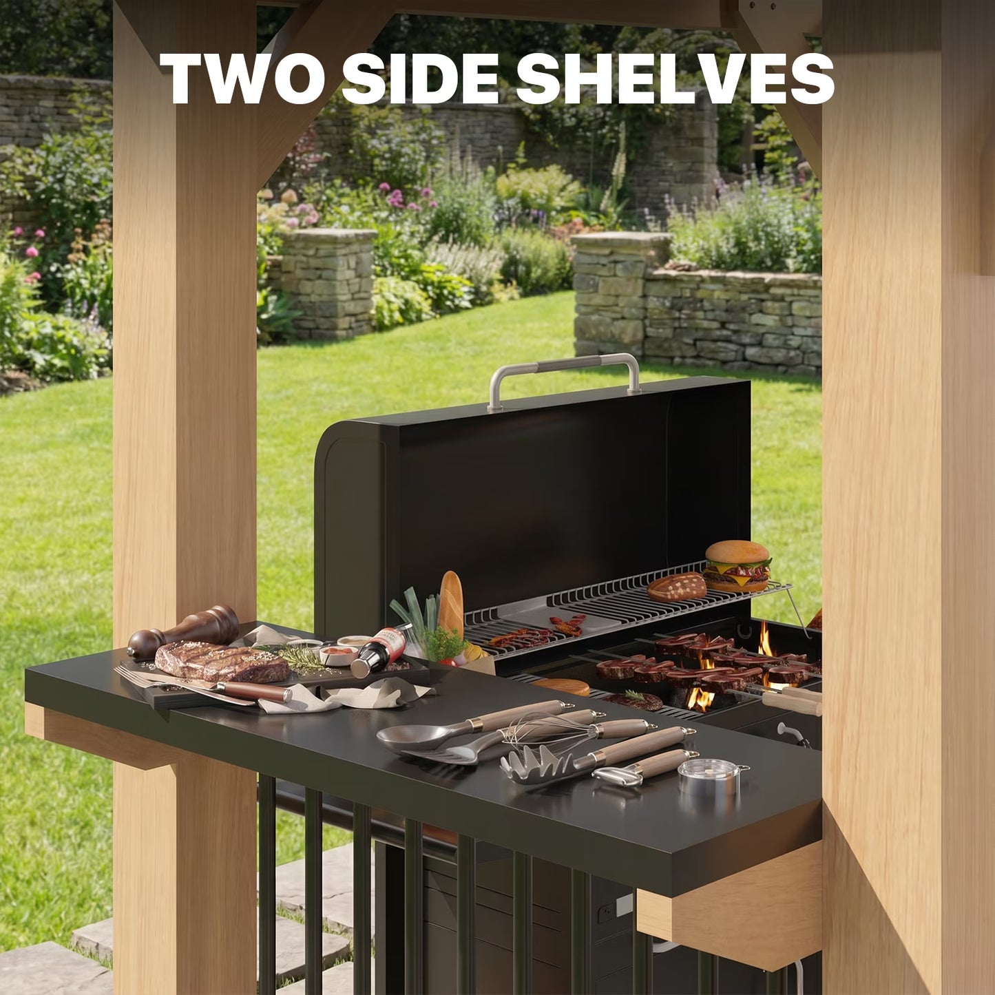 Sumnthink 5' x 8' Cedar Wood Grill Gazebo, Outdoor BBQ Shelter with Galvanized Steel Roof, Double Side Shelves for Backyard Patio