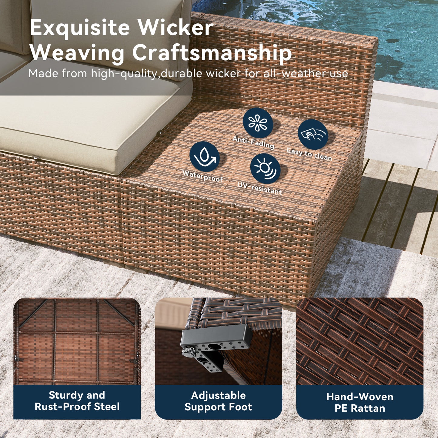 Clouddwell 7 Piece Outdoor Patio Furniture Set, All-Weather Wicker Rattan Patio Sectional Sofa Set with Coffee Table and Waterproof Cover(Beige)