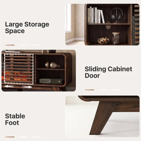 Sonegra Fireplace TV Stand with 40" Electric Fireplace, Mid Century Modern Entertainment Center with Led Lights for 90" TVs , Wood Media Console with Slatted Sliding Doors for Living Room, Brown