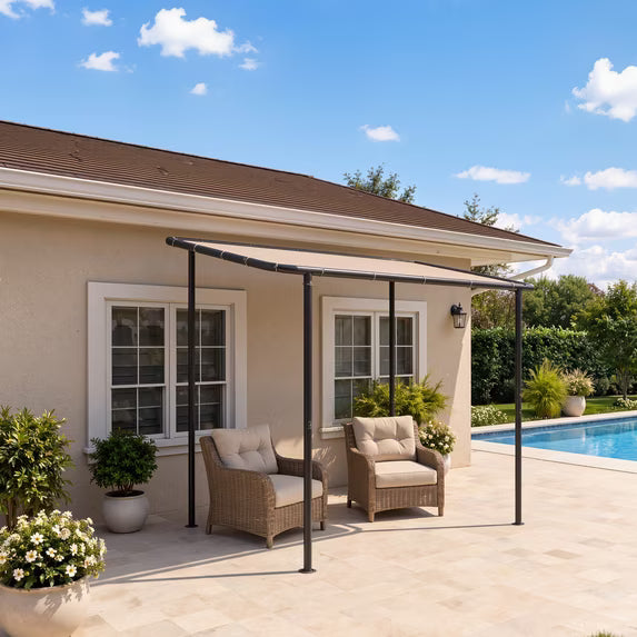 Dateyes 8'x 5' Wall-Mounted Metal Gazebo , Water-Resistant Khaki Canopy with UV Protection for Patio & Garden