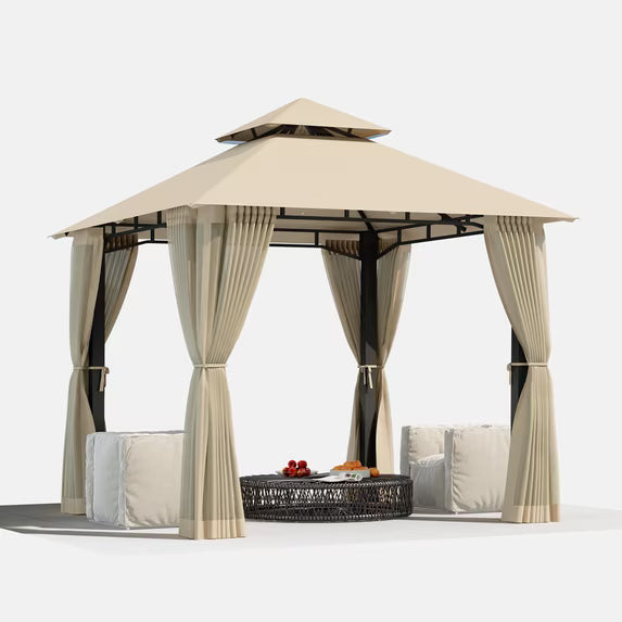 LazySunsets 8'x 8' Patio Gazebo Double Roof Protection All-Weather Outdoor Shelter Features Insect Screens for Backyard, Lawn, (Beige)