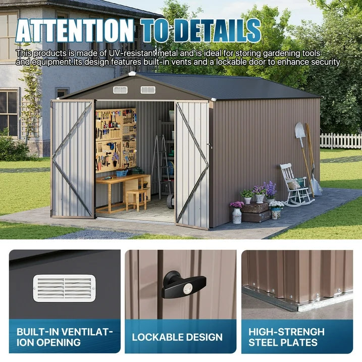 Clouddwell 8 x 15FT Shed Outdoor Storage Shed with Double Hinged Large Door, Large Metal Shed with Lockable Door & Sloped Roof for Garden, Backyard, Patio and Backyard, Brown