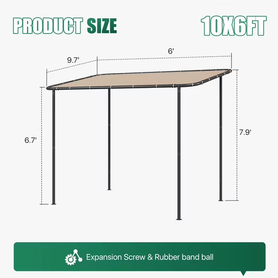 Dateyes 10'x6' Wall-Mounted Metal Gazebo , Water-Resistant Khaki Canopy with UV Protection for Patio & Garden