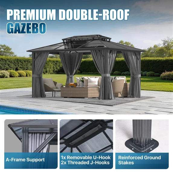 Sunmthink 10' x 14' Hardtop Gazebo,Polycarbonate Double Roof,Aluminum Frame with Curtains and Netting for Patio,Garden,Gray