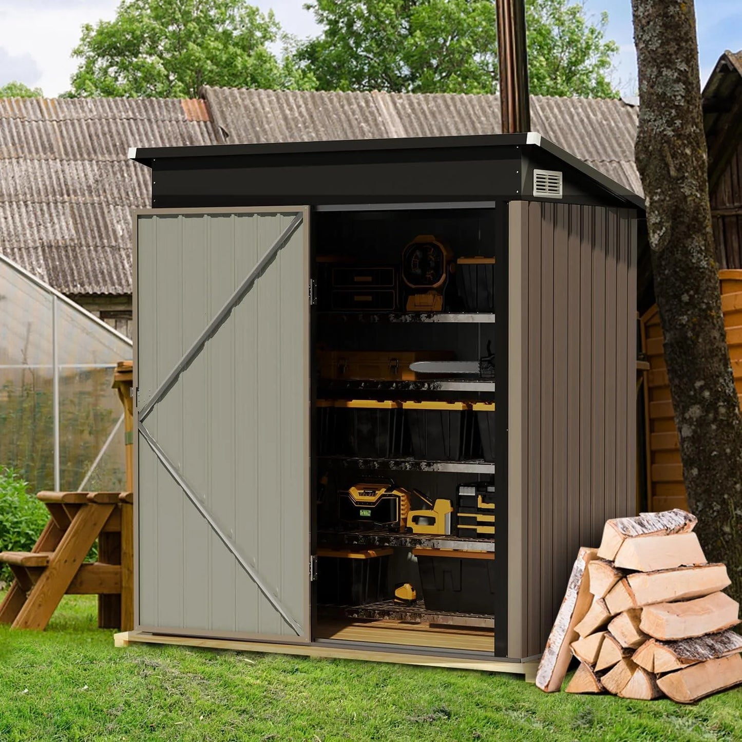 Metal Outdoor Storage Shed 5' x 3', Outdoor Metal Shed for Tool, Garden, Bike, Brown