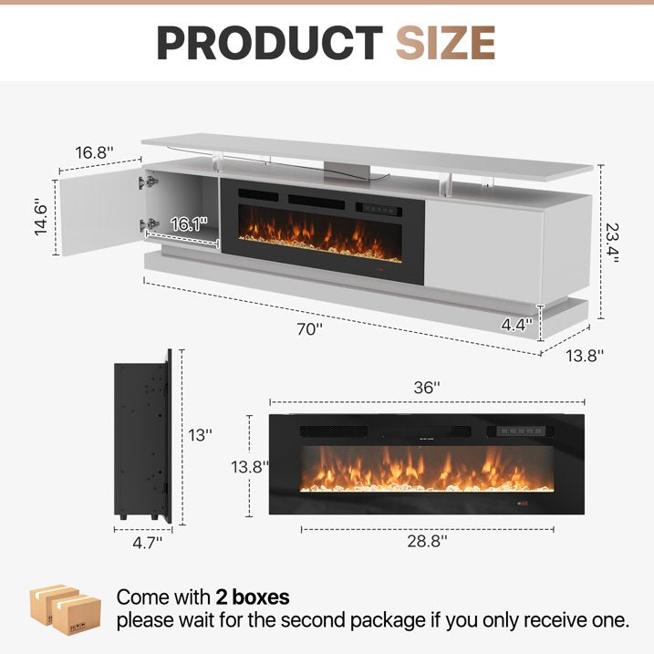 Sonegra Modern Fireplace TV Stand for TVs Up to 80" with music sync LED, 70" Entertainment Center with Electric Fireplace, TV Console with Storage Cabinets for Living Room, White