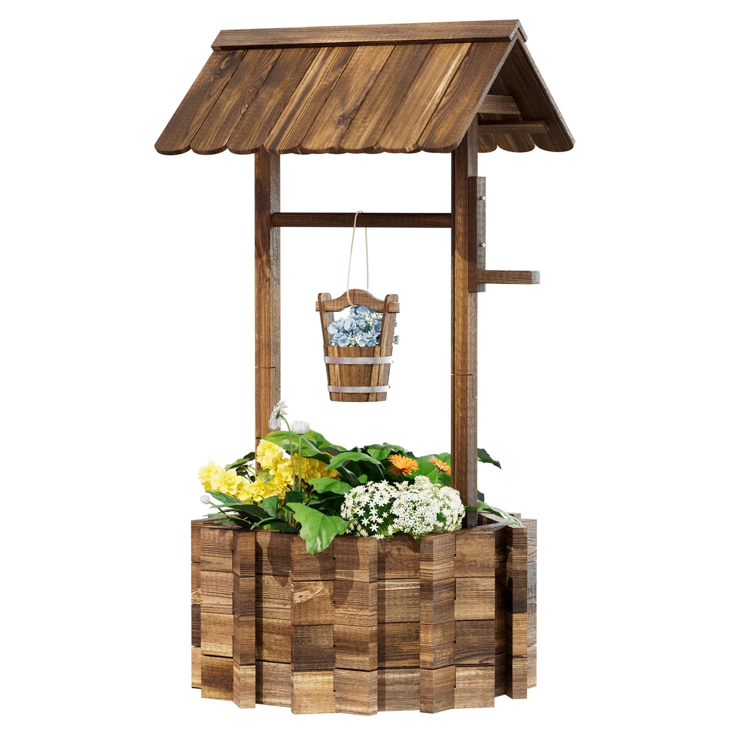 Sunmthink Wood Wishing Well Planter with Hanging Bucket for Flower and Plants, Brown