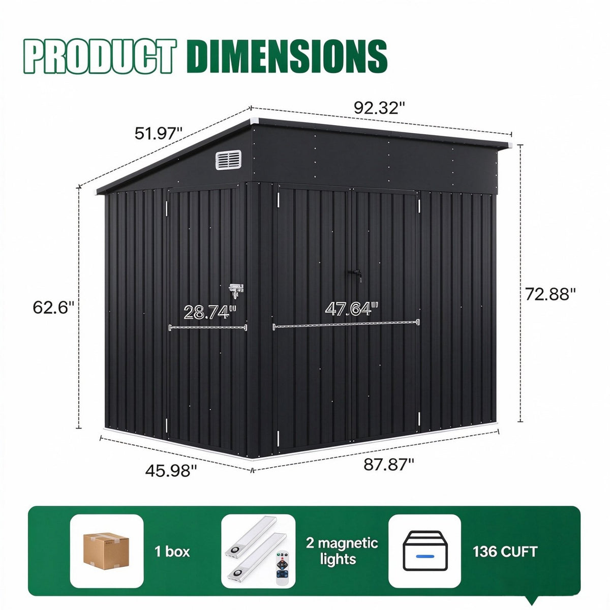 Dateyes 7.5' x 3.8' Metal Storage Shed with Triple Doors & Lights, Lockable Lean-to Design & Vents, Black (with Magnetic Lights)