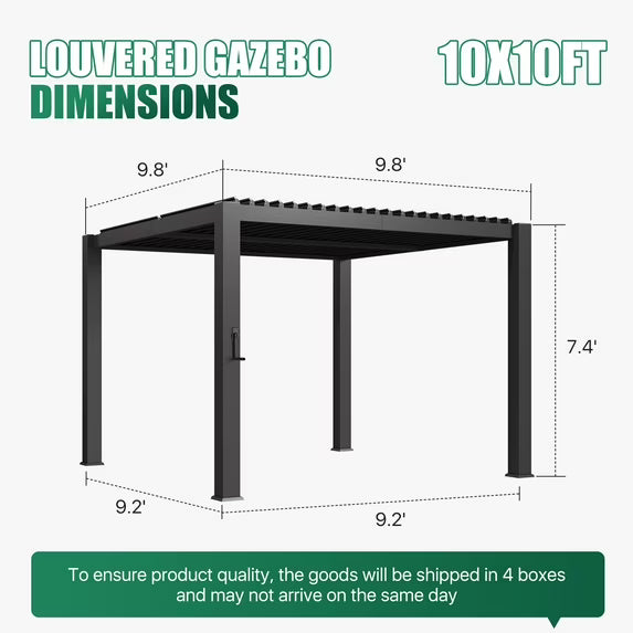 Clouddwell Louvered Pergola with Adjustable Top, 10'x10' Outdoor Metal Pergola, Gray, for Patio, Garden and Backyard