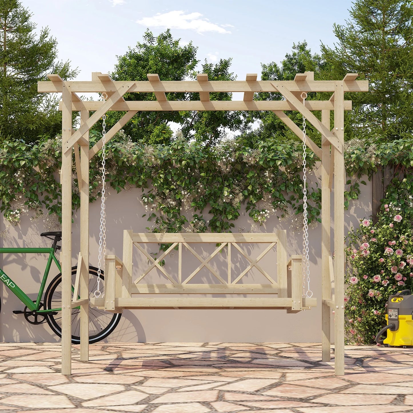 Clouddwell Natural Cedar Wood 3-Seat Pergola Swing Bench with Canopy & Stand Patio Hammock Swing Set with Metal Chains for Backyard, Garden, Porch