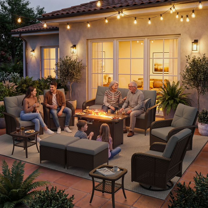 Sunmthink 10-Piece Patio Furniture Set, High Back Swivel Rocker Chairs with Thick Cushions, Wicker Rattan Outdoor Sectional Sofa with Fire Pit & Ottoman, Light Grey