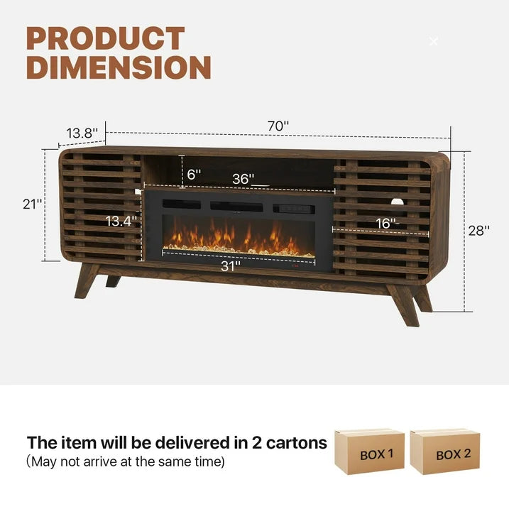 Sonegra Fireplace TV Stand with 36" Electric Fireplace, Mid Century Modern Entertainment Center with Led Lights for 80" TVs , Wood Media Console with Slatted Sliding Doors for Living Room, Brown