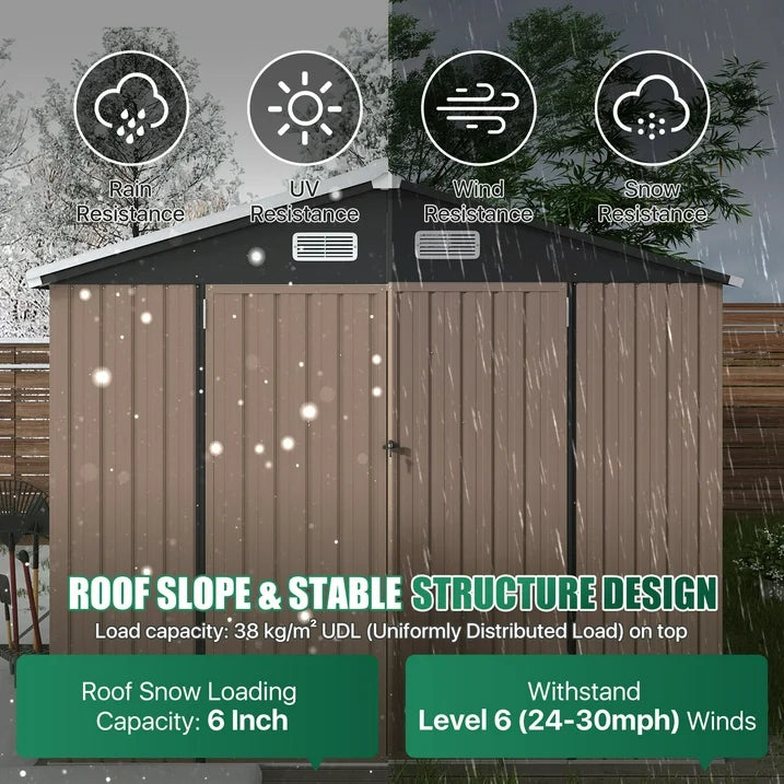 Clouddwell 7.5x5 ft. Outdoor Storage Shed with Base, Brown Metal Garden Shed with Double Lockable Doors for Backyard, Patio