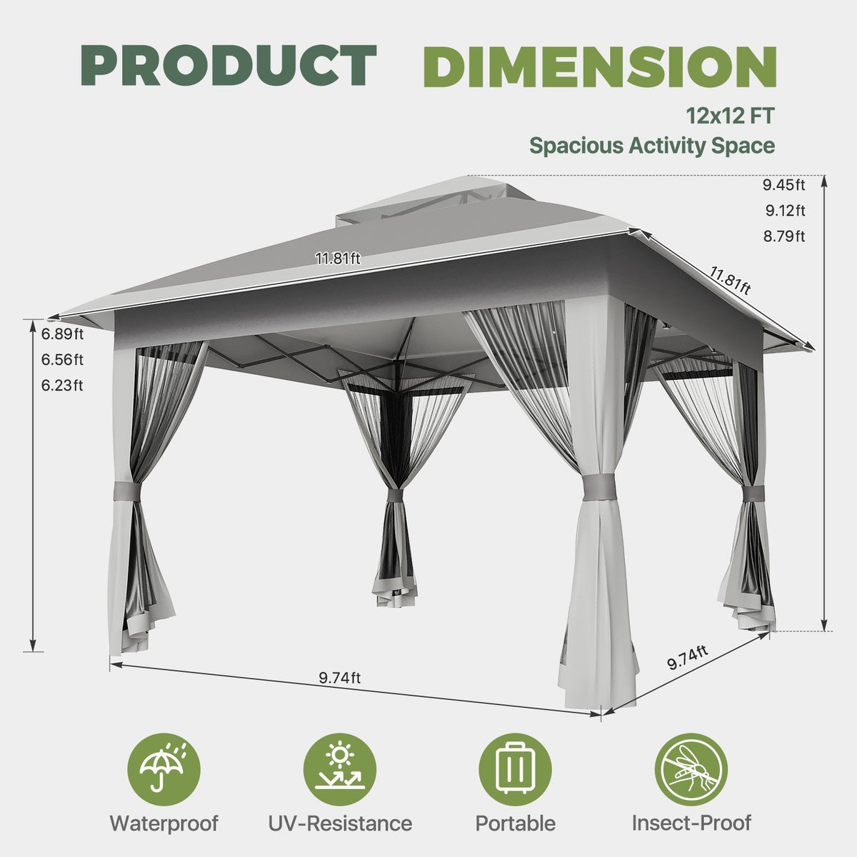 Dateyes 12x12 FT Pop Up Gazebo, Outdoor Gazebo Canopy with Mosquito Netting, 3 Adjustable Heights, Portable Patio Gazebo Tent for Backyard, Patio, Gray