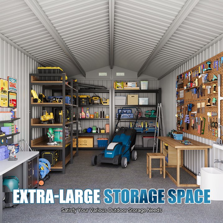 Clouddwell 8 x 15FT Shed Outdoor Storage Shed with Double Hinged Large Door, Large Metal Shed with Lockable Door & Sloped Roof for Garden, Backyard, Patio and Backyard, Brown