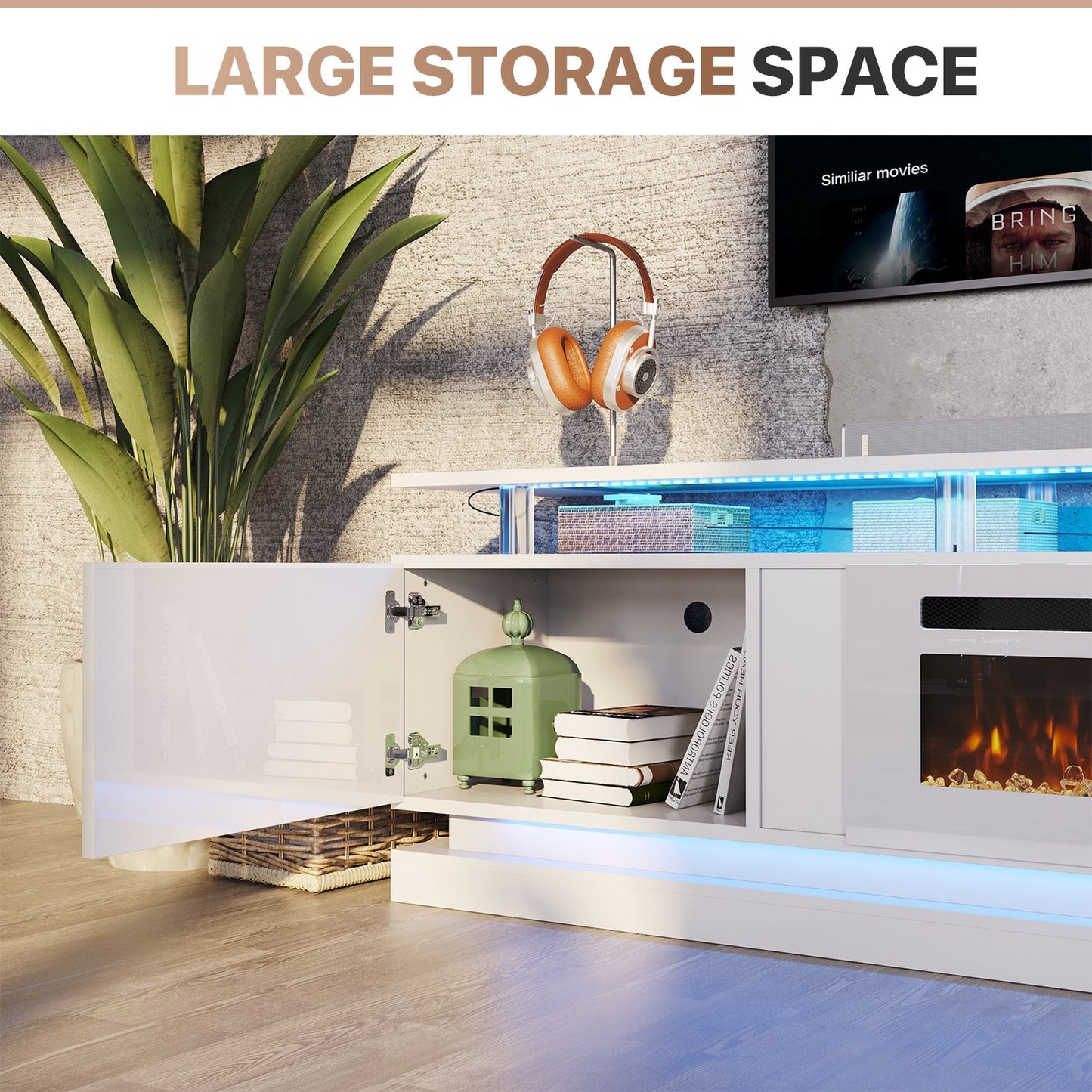 Sonegra Modern Fireplace TV Stand for TVs Up to 90" with Music Sync LED, 80" Entertainment Center with Electric Fireplace, TV Console with Storage Cabinets for Living Room, White