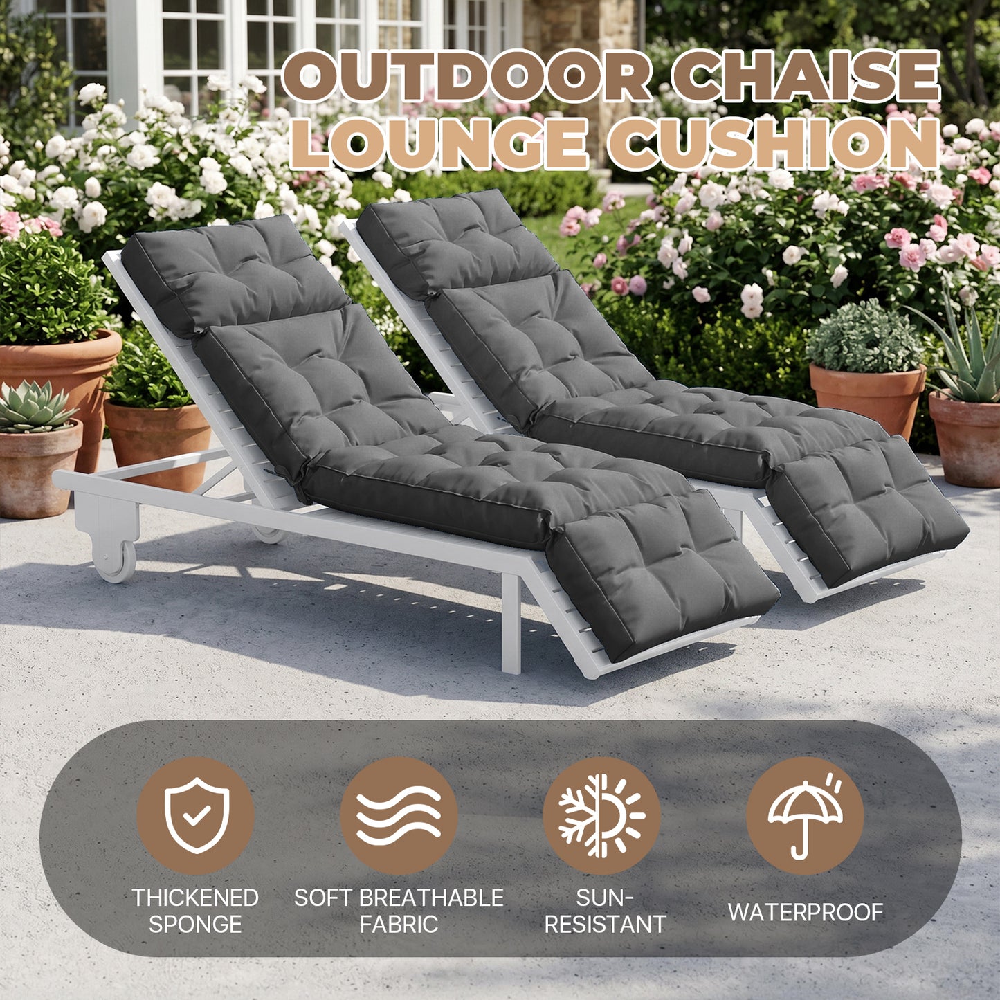 Clouddwell Gray 2 Pack 4-Segment Chaise Lounge Cushions, All Weather Patio Pads with Tie Fasteners & Soft PP Cotton for Poolside Patio Balcony