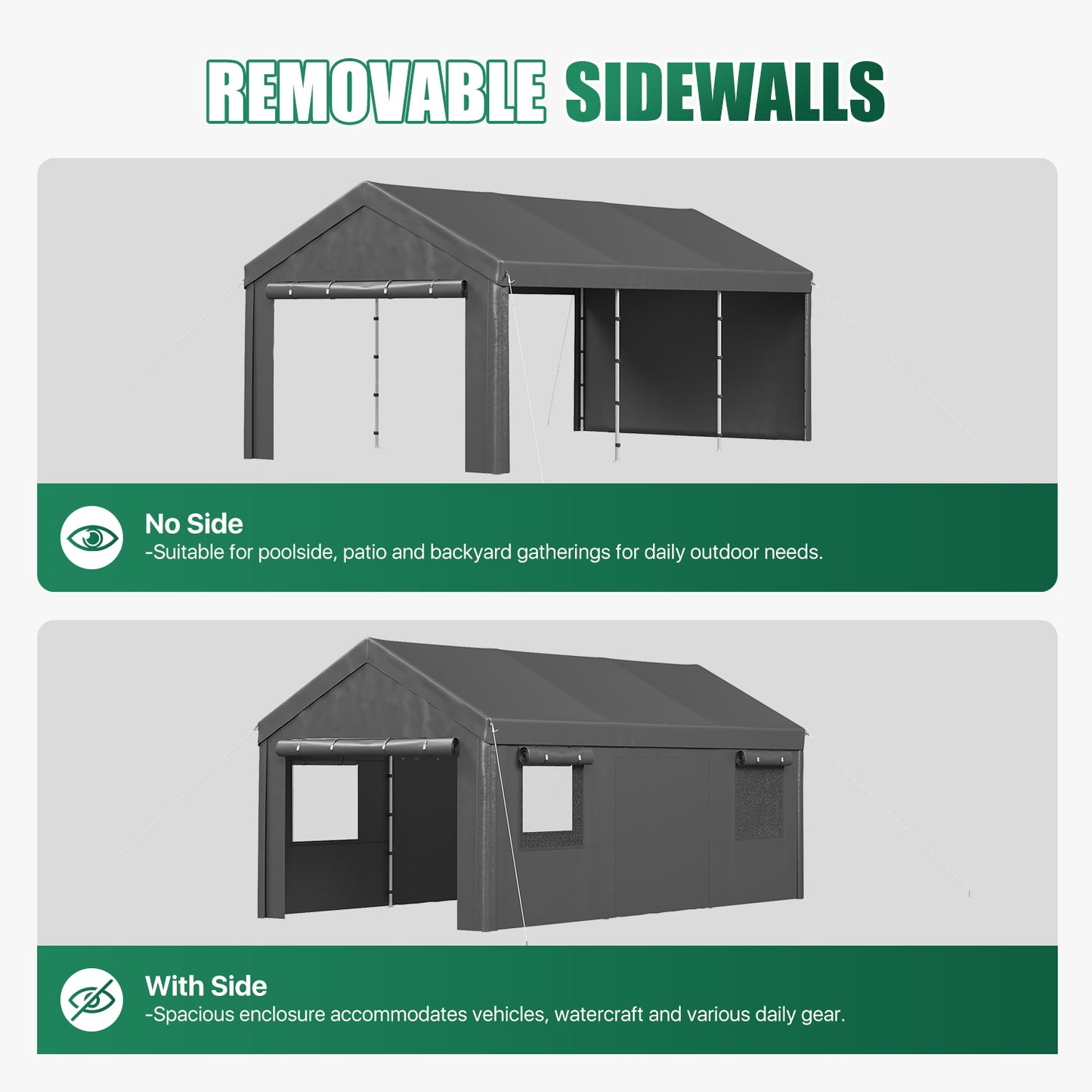 Clouddwell 10x20 Heavy Duty Carport Canopy Portable Garage, Portable Carport with Roll-up Windows&Removable Sidewalls, Car Canopy for Car, Truck, SUV, Boat, Gray