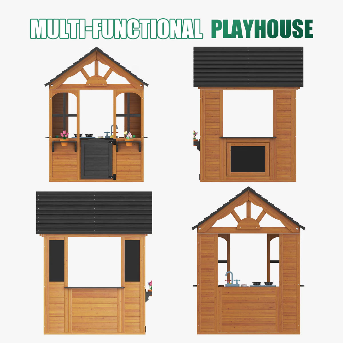 Dateyes S5-A Wooden Kids Playhouse 4x4FT Brown Gable Roof, Indoor Outdoor Play Cottage with Complete Kitchen Toys