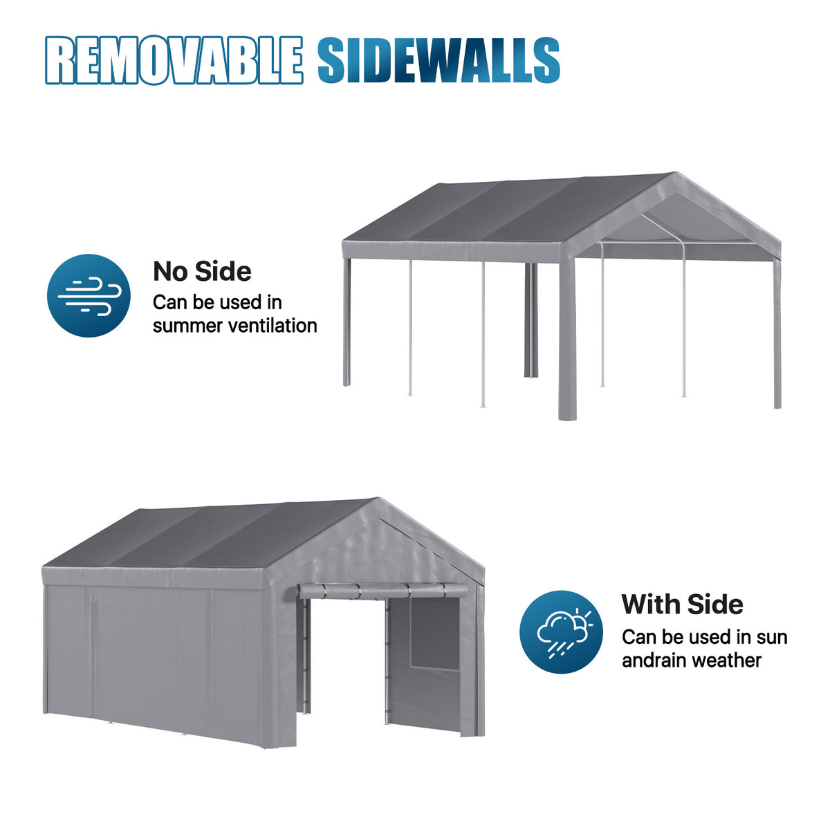 Dateyes 10x20ft Heavy Duty Carport Canopy, Portable Outdoor Garage with Removable Sidewalls & Roll-Up Doors, All-Weather Car Shelter for Cars, Boats, Trucks and Tools Storage, Gray