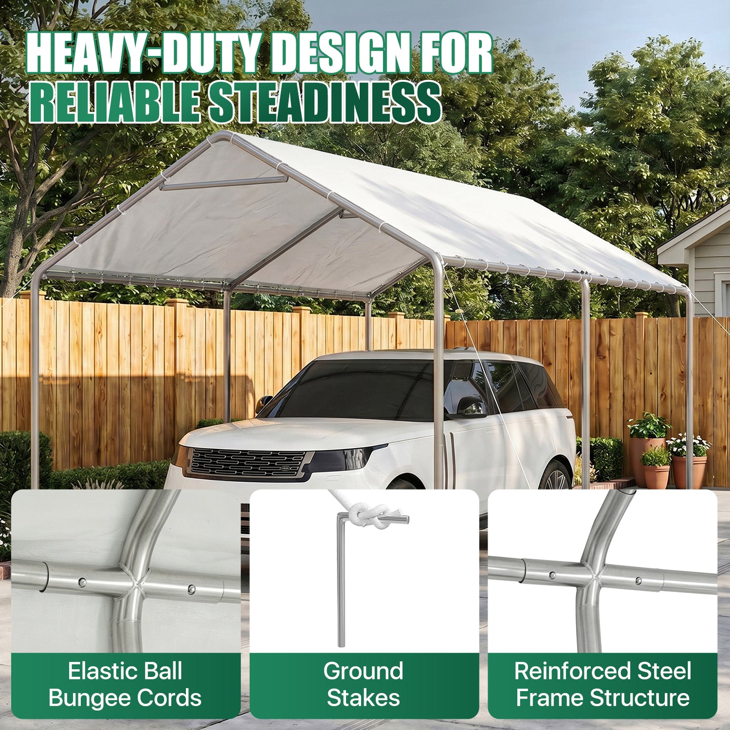 Dateyes 10x15 FT Carport, Heavy Duty Carport Canopy with Adjustable Height, Outdoor Carport Shelter with Reinforced Frame, Portable Garage for Cars, Boats and Trucks, White