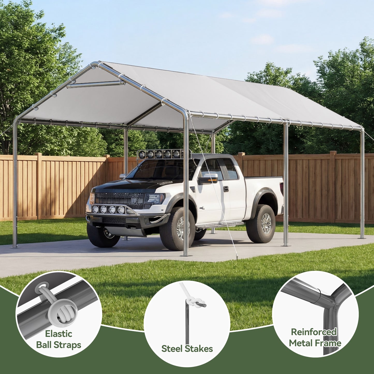 Aoxun 10x20 FT Carport Heavy Duty Car Canopy for Cars, Boats, Trucks, Outdoor Carport Shelter Portable Garage with Reinforced Frame, White