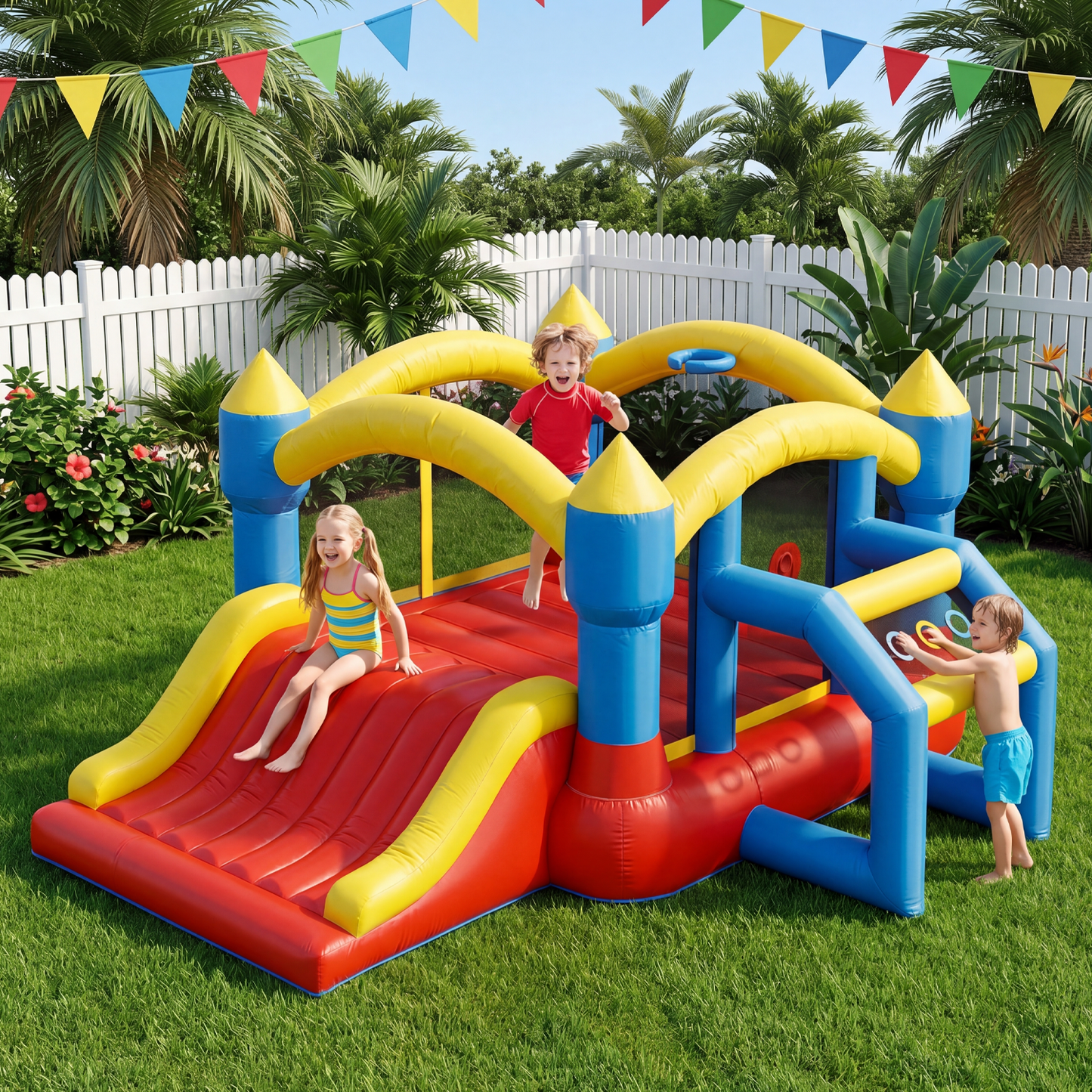 Dateyes 11x12 FT Inflatable Bounce House, Bouncy Castle Jumper with Slide, Basketball Hoop, Jumping Area for Outdoor Summer Fun, Indoor/Outdoor