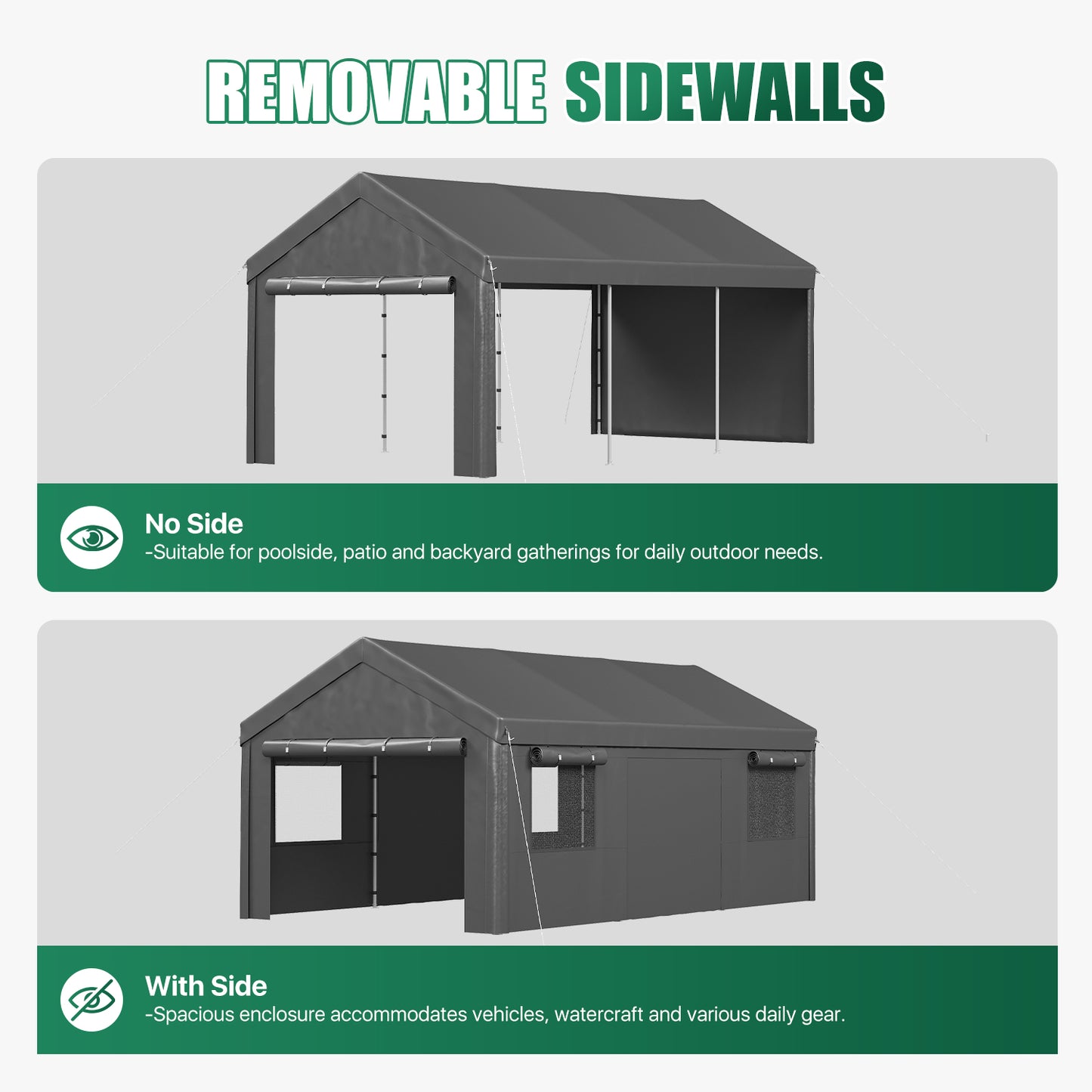Clouddwell 12x20 Heavy Duty Carport Canopy Portable Garage, Portable Carport with Roll-up Windows&Removable Sidewalls, Car Canopy for Car, Truck, SUV, Boat, Gray