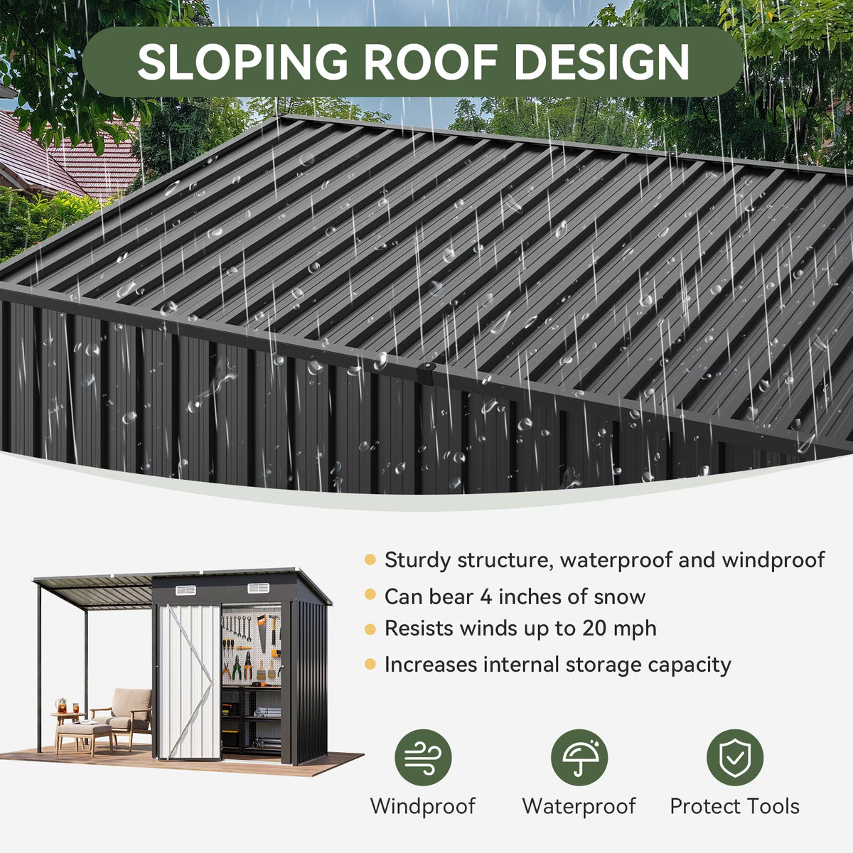 Dateyes Outdoor Storage Shed with Pergola, 10x3 FT Sheds & Hardtop Gazebo Combo with 30 Sq. Ft Covered, 2-in-1 DIY Tool Shed with Attached Hardtop Metal Pergola, Black