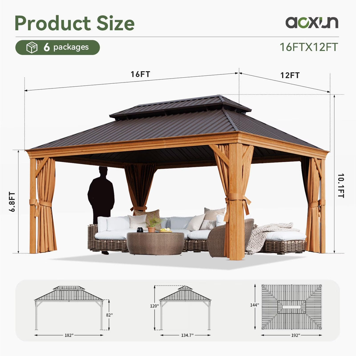 Aoxun 12x16FT Outdoor Hardtop Gazebo, Galvanized Steel Double Roof Gazebo with Curtains & Net for Patios, Deck, Backyard, Brown