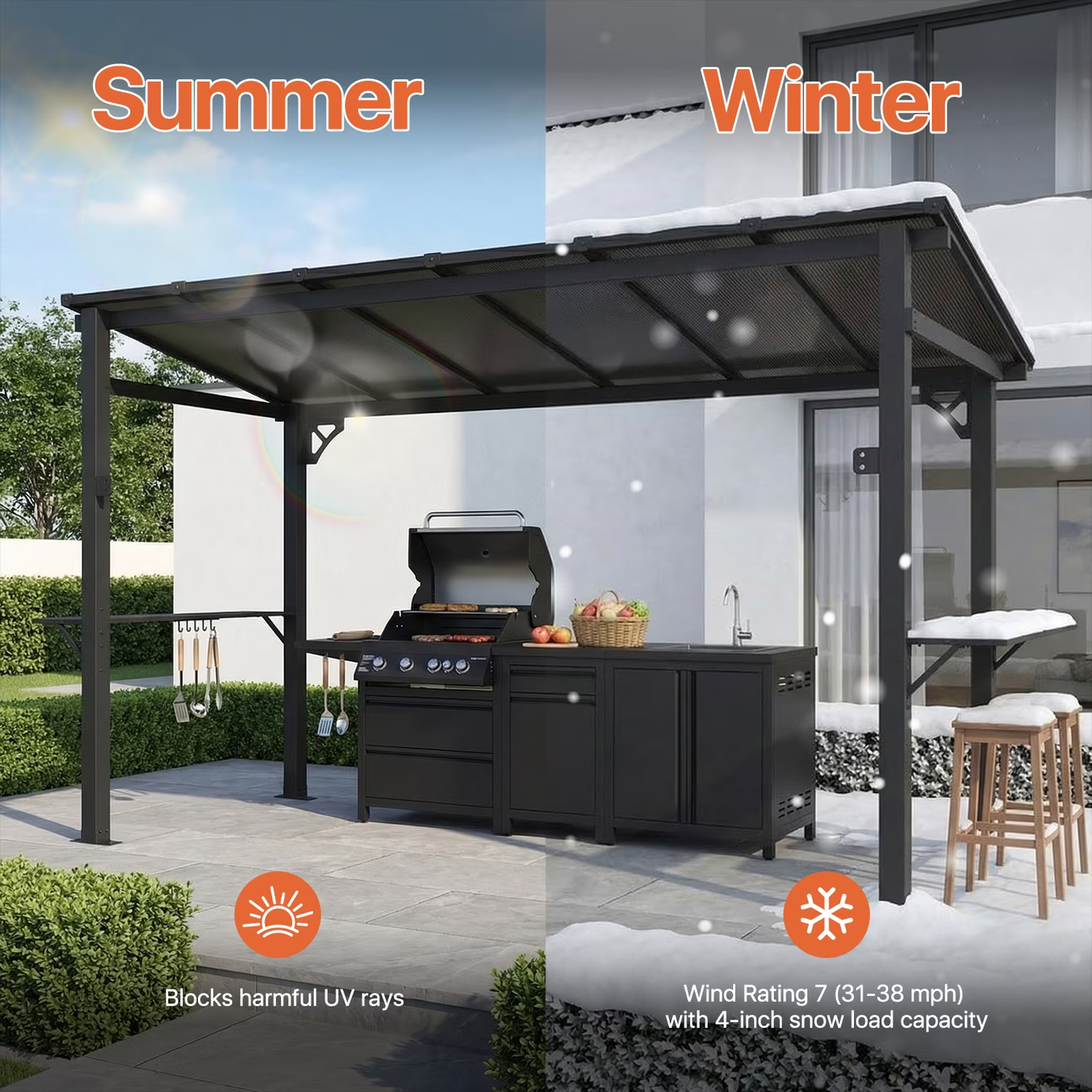Clouddwell 12'x5.5' Permanent Metal Gazebo,Outdoor BBQ Canopy with Polycarbonate Panel & Sloping Steel Roof, Grill Shelter with 2 Side Shelves and Hooks for Patio, Backyard, Deck