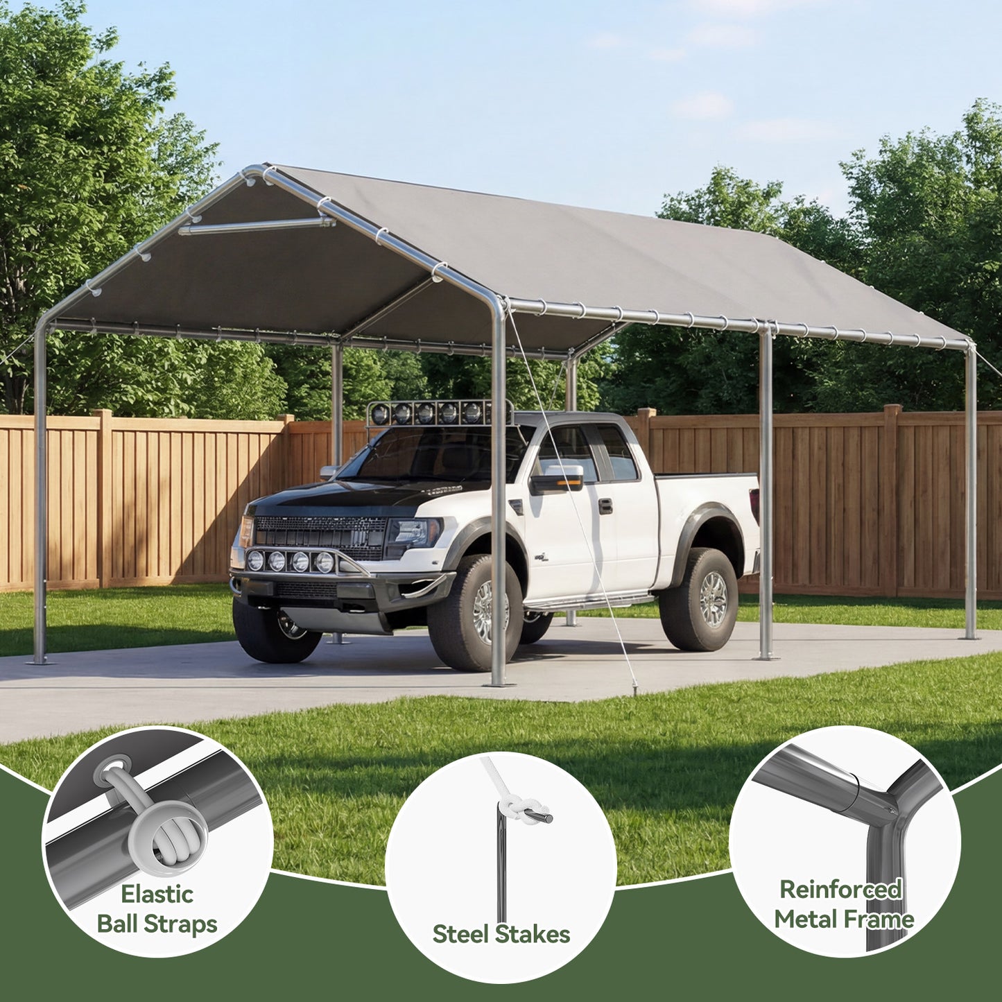 Aoxun 10x20 FT Carport Heavy Duty Car Canopy for Cars, Boats, Trucks, Outdoor Carport Shelter Portable Garage with Reinforced Frame, Gray