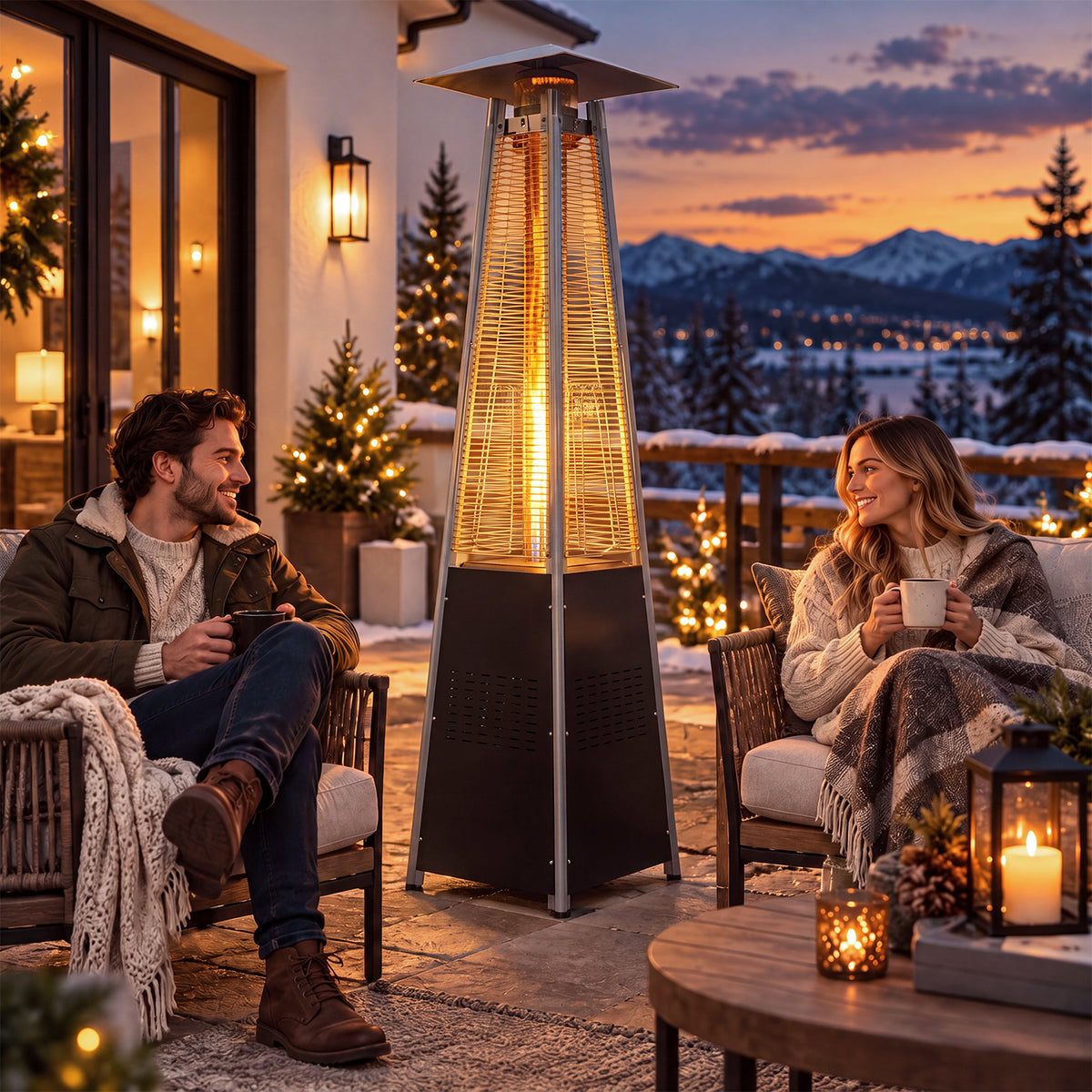 LazySunsets 87 Inch Outdoor Tower Propane Heater, 48000 BTU Black Pyramid Patio Heater with Portable Wheels, Auto Safety Shutoff
