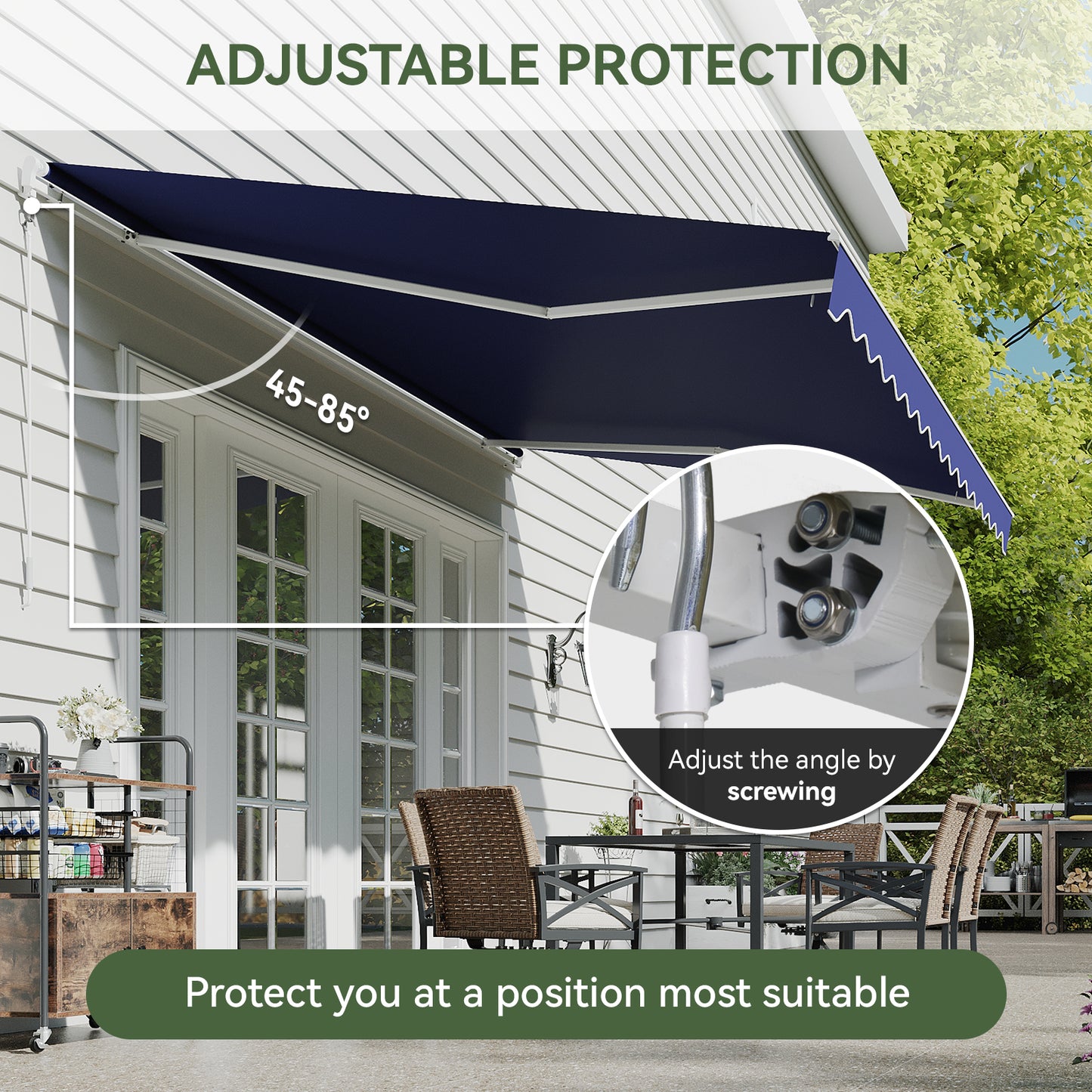 Aoxun Manual Retractable Awning 12x10 FT, Outdoor Patio Sun Shade Canopy with Crank Handle, Waterproof PA Coated Polyester Fabric for Backyard, Deck & Window, Blue