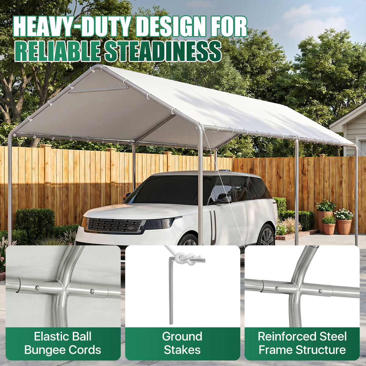 Dateyes 10x20 FT Carport, Heavy Duty Carport Canopy with Adjustable Height, Outdoor Carport Shelter with Reinforced Frame, Portable Garage for Cars, Boats and Trucks, White