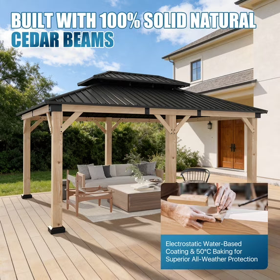Sunmthink 12'x16' Outdoor Hardtop Gazebo, Cedar Wood Pavilion with Galvanized Steel Double Roof, for Patio, Garden, Deck