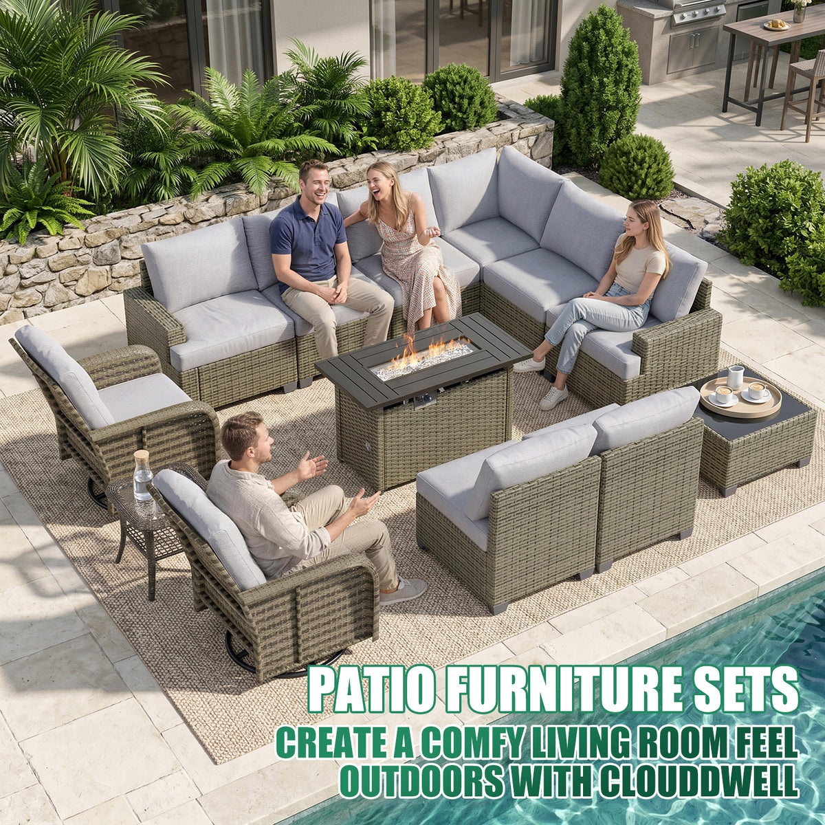 Clouddwell 13 Piece Outdoor Sectional Set with Swivel Rocker Chairs of 2, Patio Conversation Sets with Fire Pit Table, Light Gray
