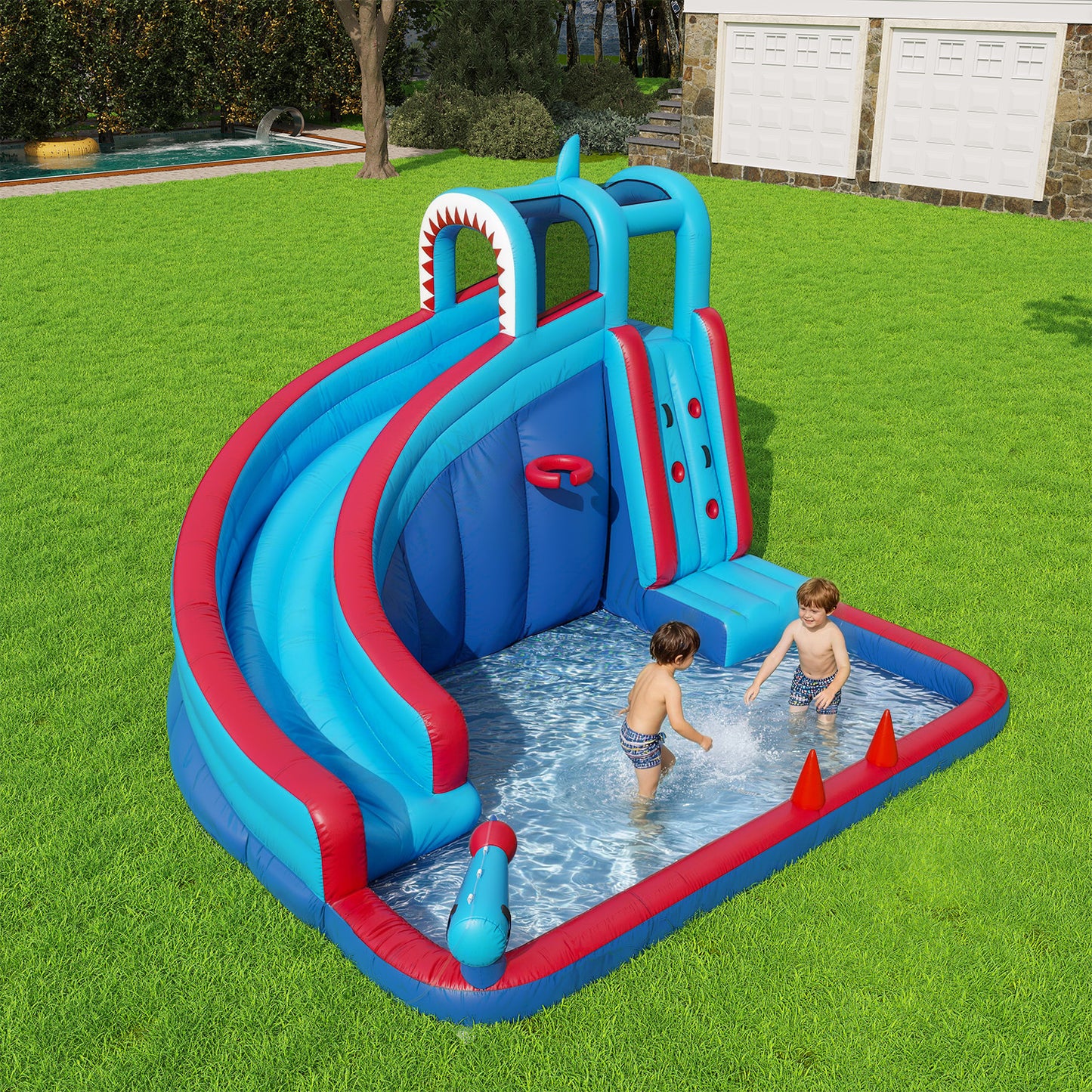 Clouddwell Inflatable Water Slide for Kids with 450W Blower, 5 in 1 Water Park Bounce House for Outdoor Summer Fun, Shark Theme, 10x12FT