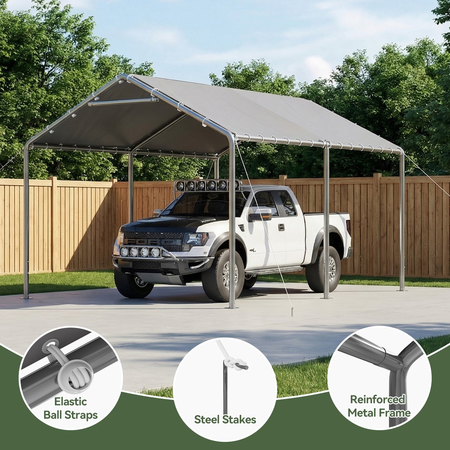 Aoxun 10x15 FT Carport Heavy Duty Car Canopy for Cars, Boats, Trucks, Outdoor Carport Shelter Portable Garage with Reinforced Frame, Gray