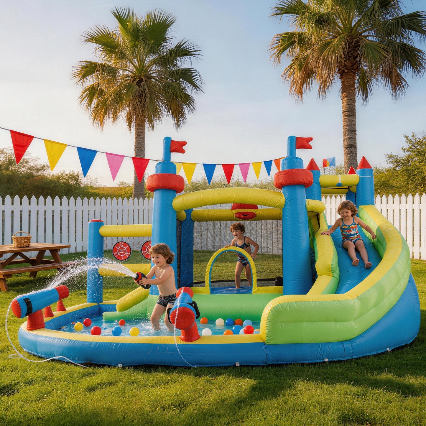 Clouddwell Inflatable Water Slide for Kids with 450W Blower, 5 in 1 Water Park Bounce House for Outdoor Summer Fun, Castle Style, 12x14FT