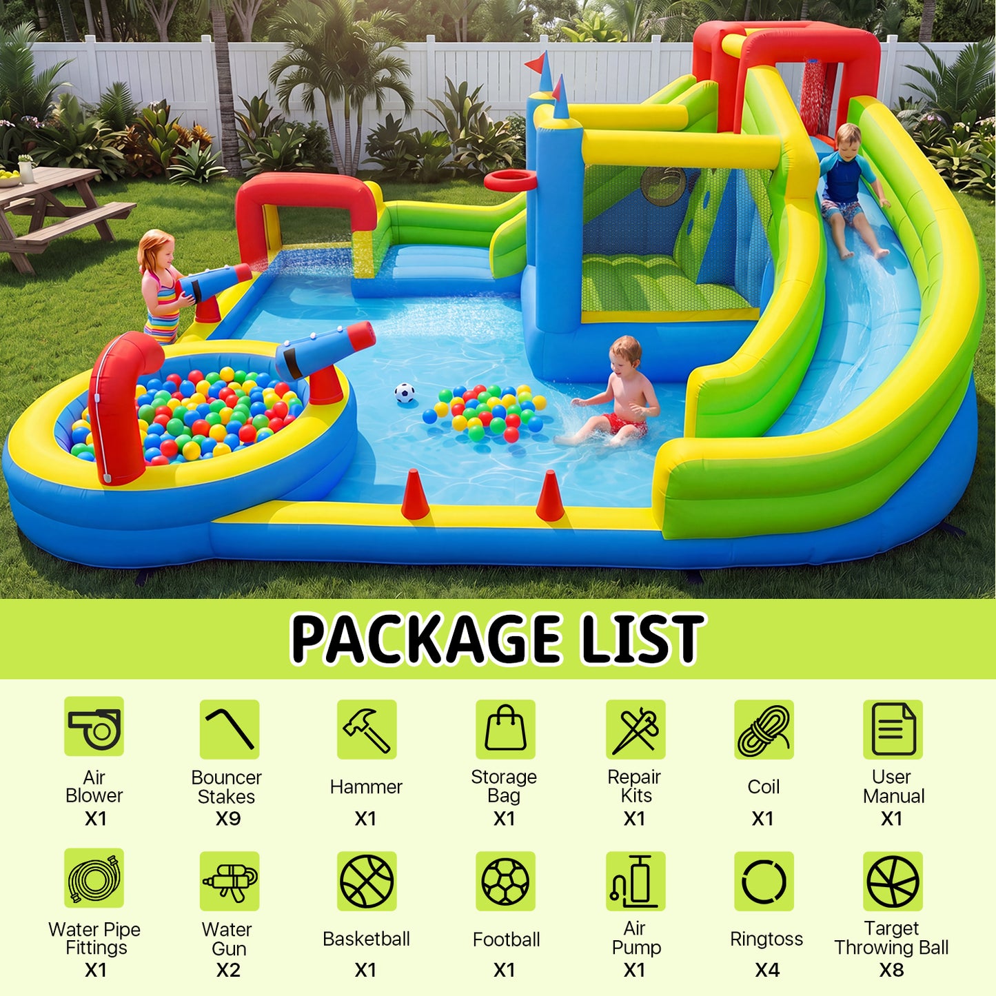 Clouddwell Inflatable Water Slide for Kids with 450W Blower, 8 in 1 Water Park Bounce House for Outdoor Summer Fun, Large Water Park, 14x17FT