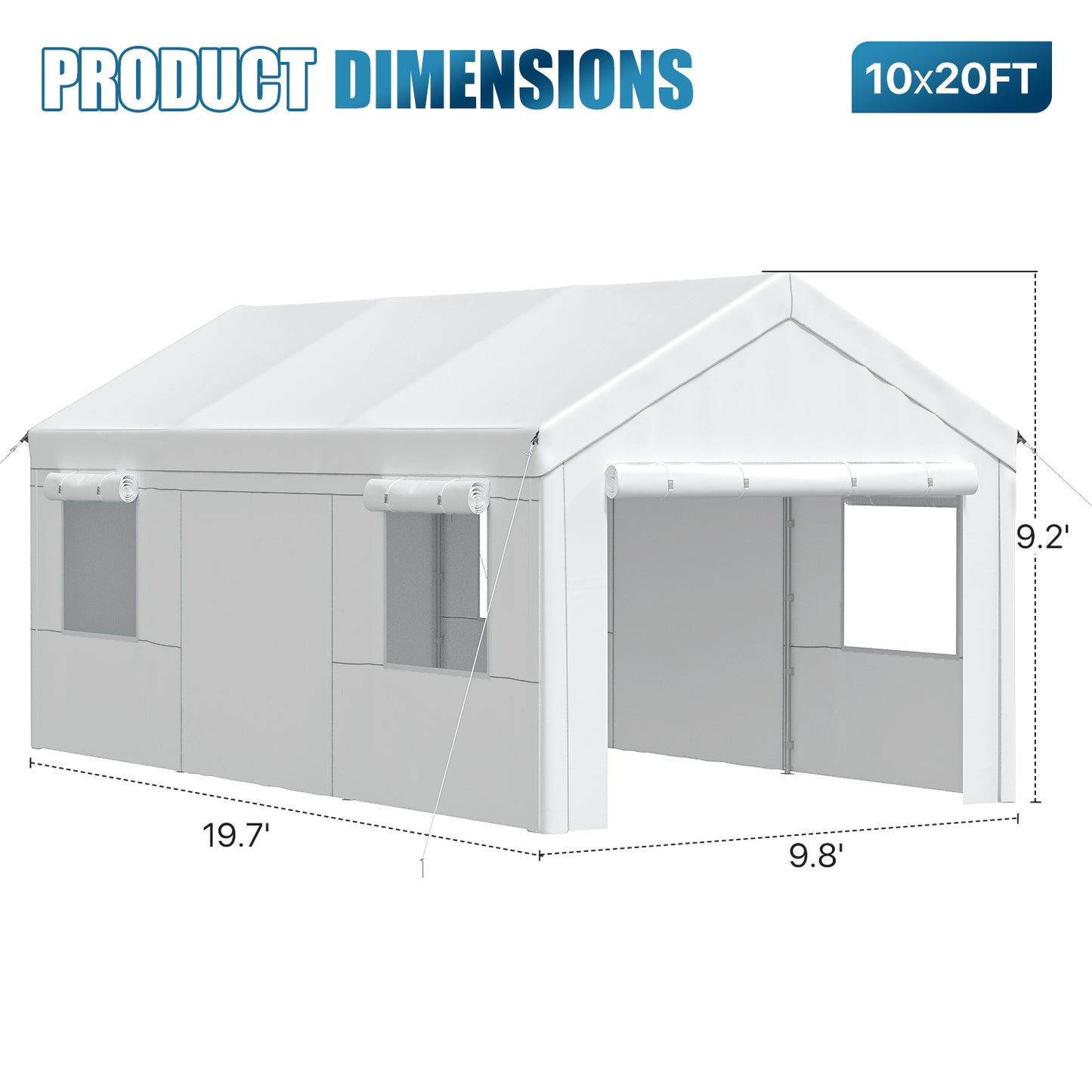 Dateyes 10x20ft Heavy Duty Carport Canopy, Portable Garage Car Canopy with Removable Sidewalls, Car Shelter for Cars, Boats, and Tools Storage, White