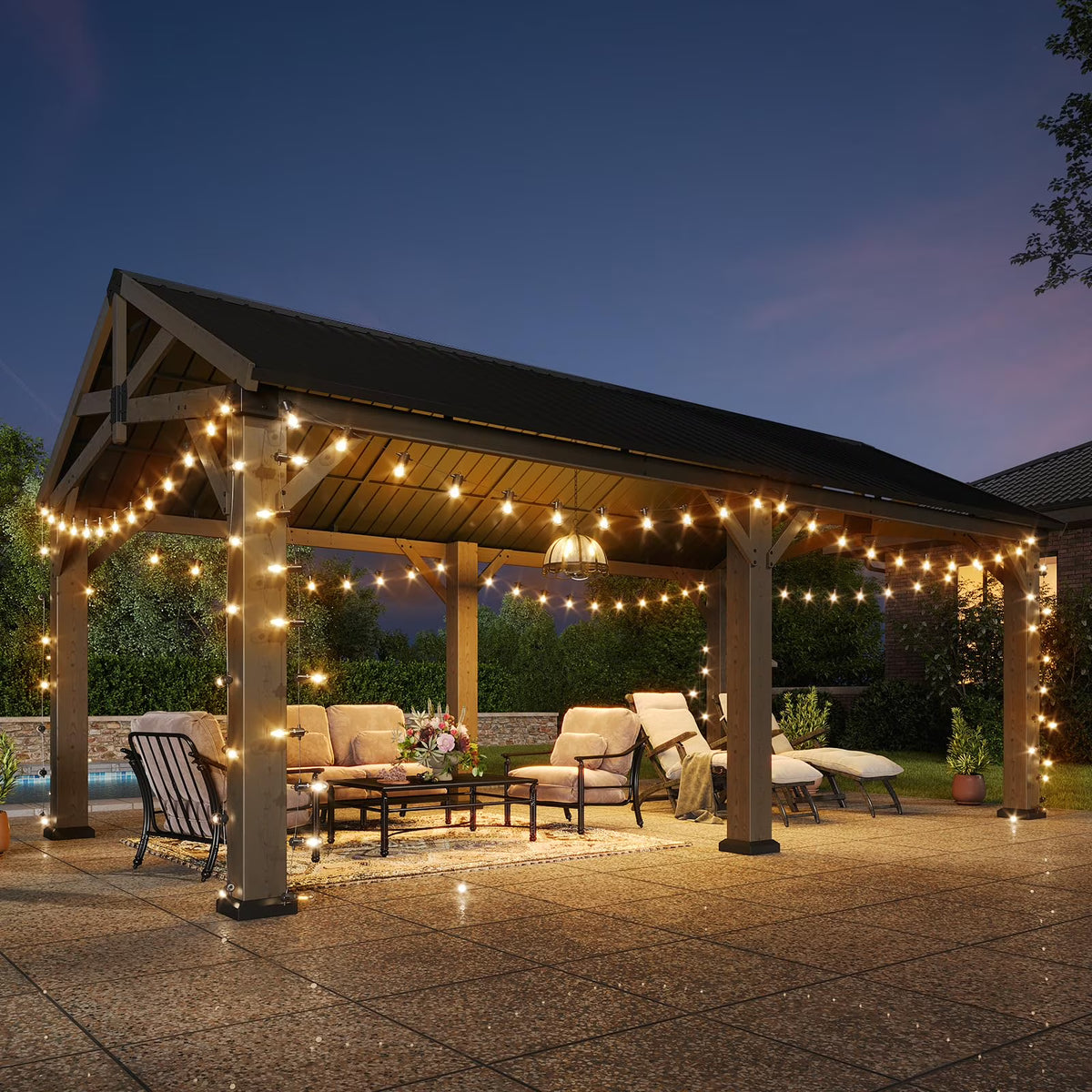 Sunmthink 12' x 20' Outdoor Wood Gazebo, Hardtop Gazebo Permanent Wooden Pavilion with Galvanized Steel Gable Roof, for Patio, Garden, Deck, Cedar Wood